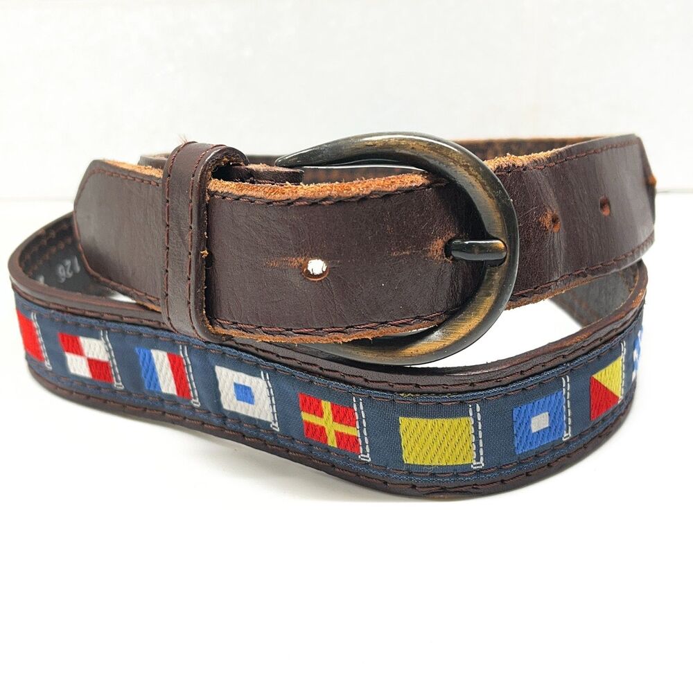 Vtg Pierre Carlini Mens Nautical Flag Blue Ribbon Brown Leather Belt Size 38 M